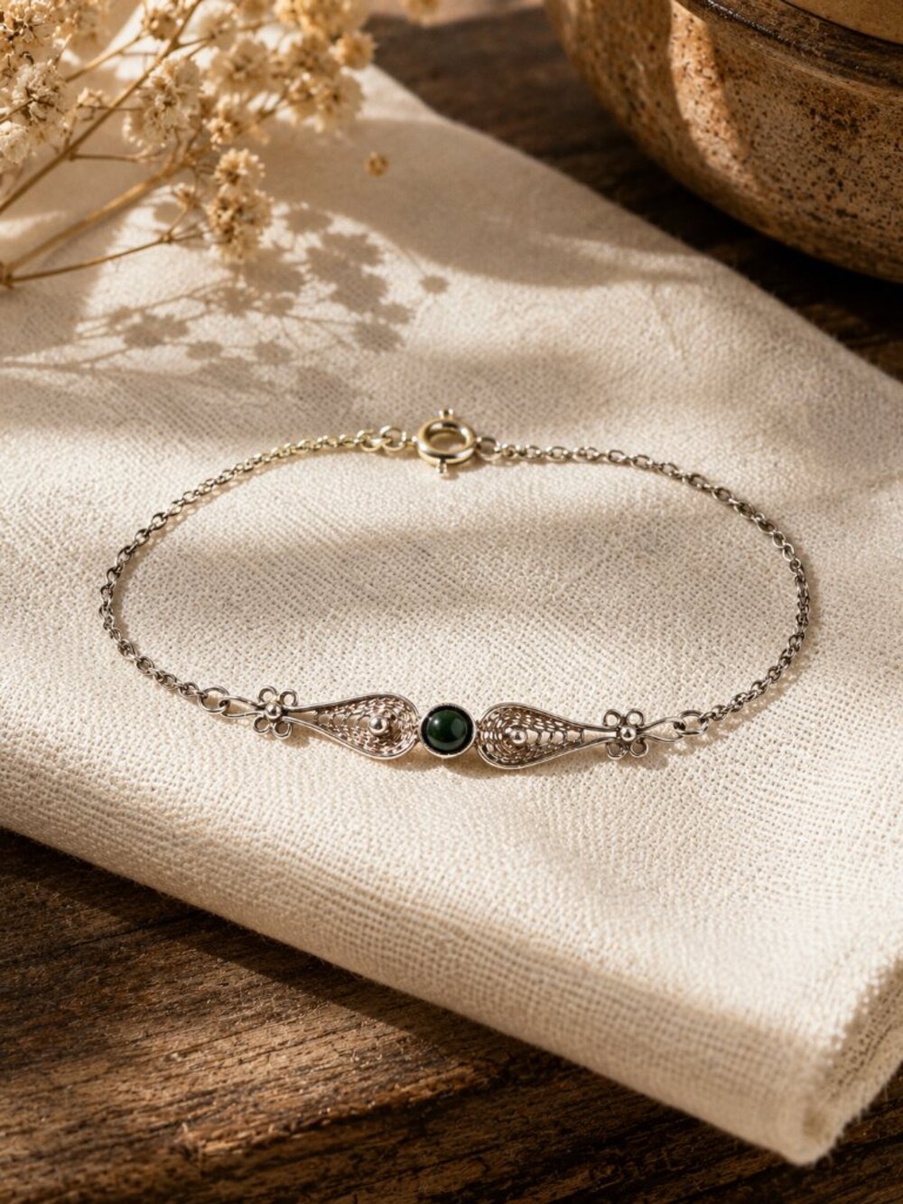 Vintage Sterling Silver Nephrite Jade Filigree Bracelet 925